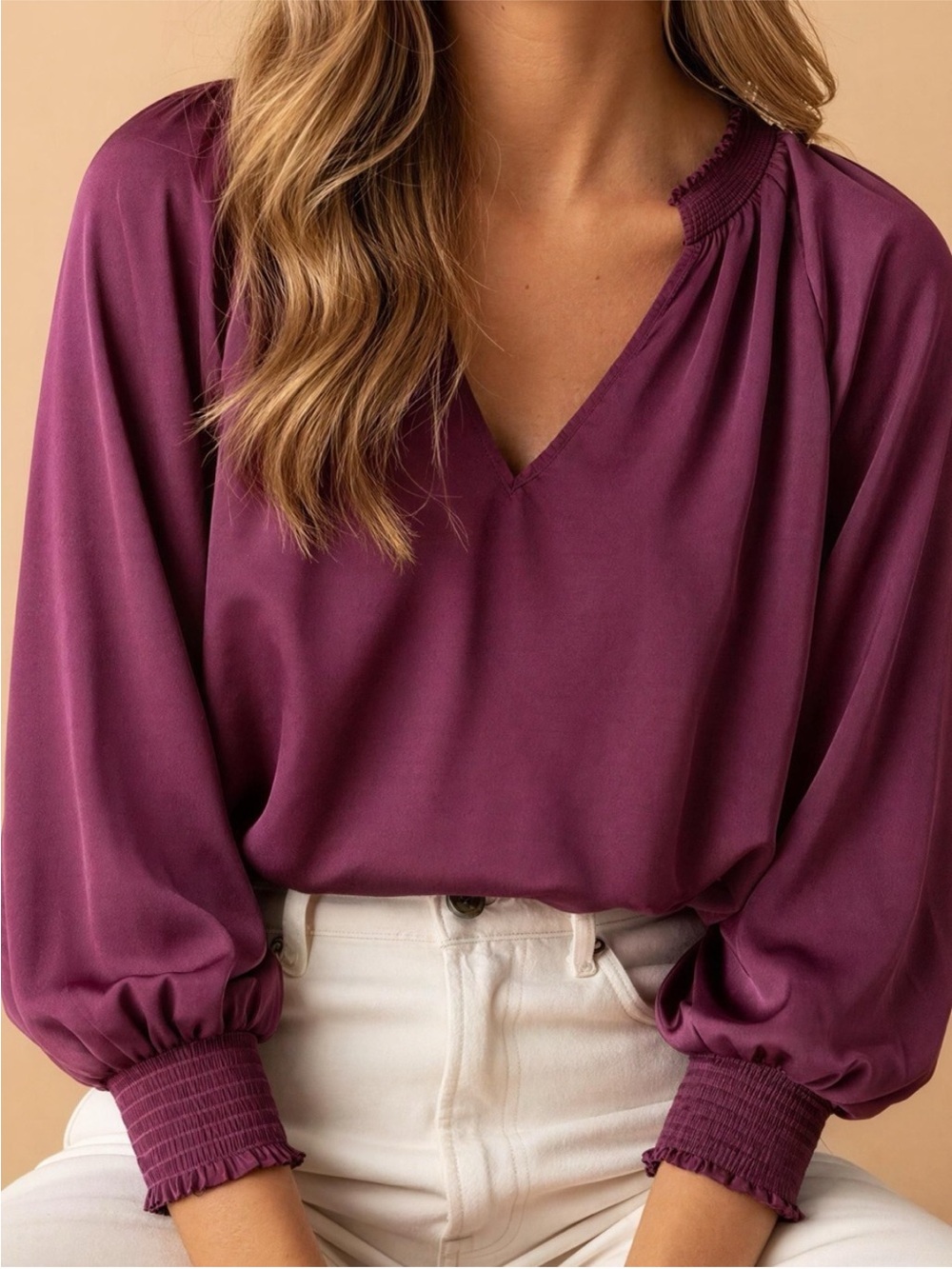 Vince Camuto V-Neck Balloon Sleeve Blouse in Plum - Picture 1 of 4